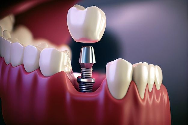 Dental implant with an artificial tooth crown being placed over the implant, illustrating tooth replacement treatment.