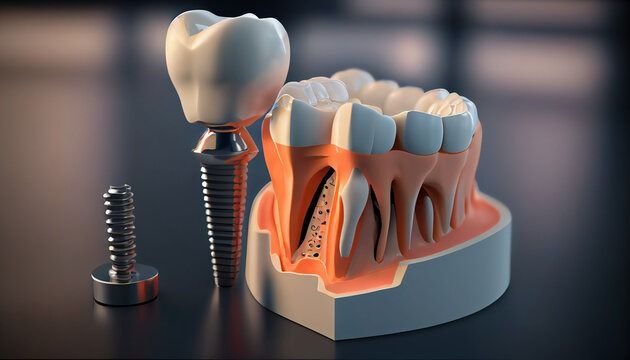 Dental implant and crown placement illustration showing a replacement tooth, implant components, and tooth anatomy.