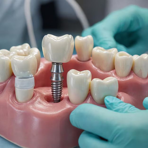 Dental implant with an artificial crown shown during a dental procedure, with a dentist wearing gloves working around the implant.