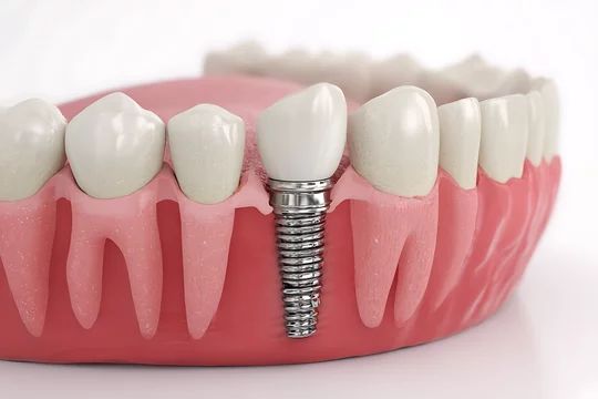 Dental implant with a natural-looking crown replacing a missing tooth, shown within the gum and jawbone.